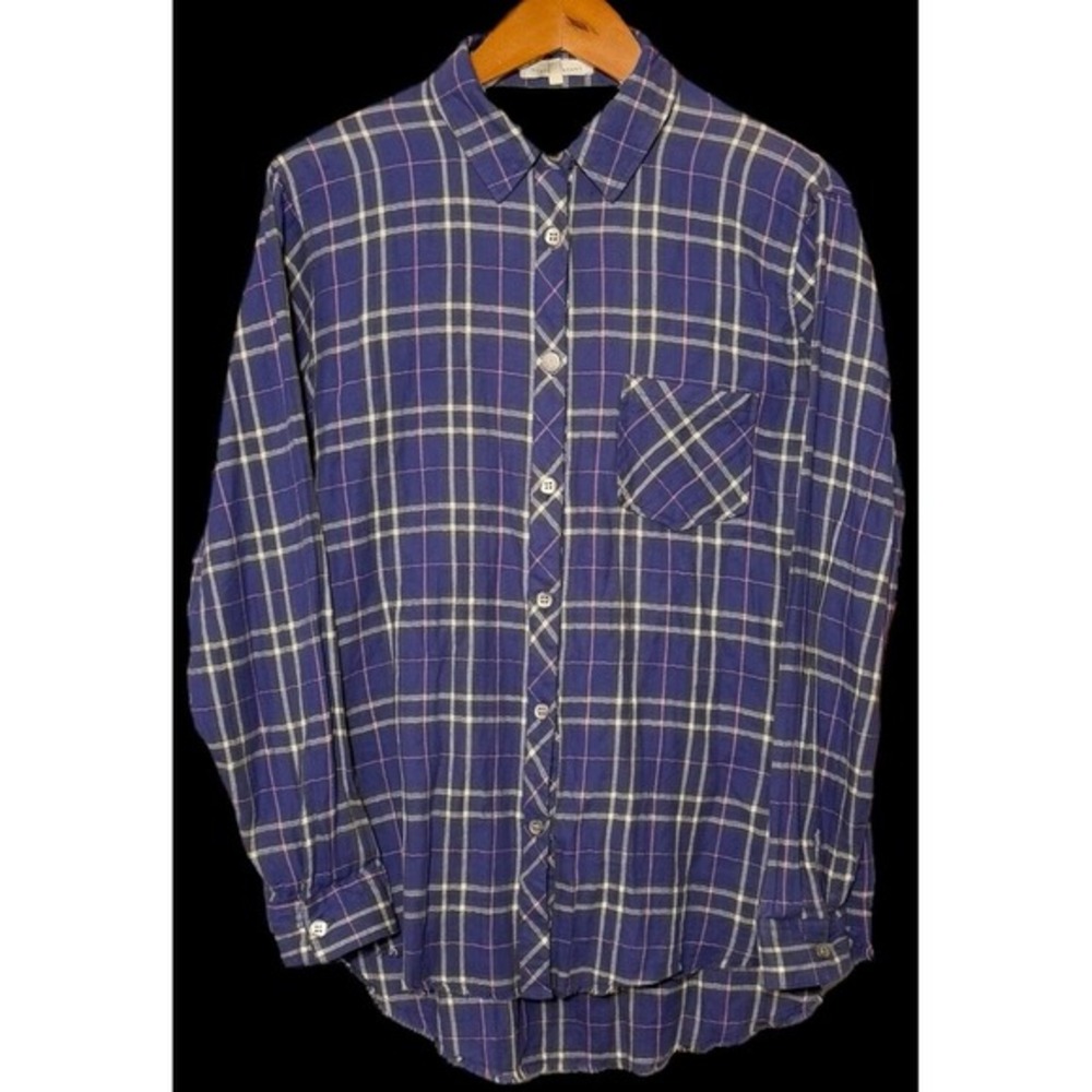 Gilded Intent Womens Long Sleeve Button Up Purple Plaid Shirt Open Back Size L